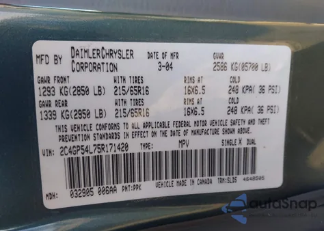 2005 Chrysler Town & Country Touring from USA, damaged, VIN 2C4GP54L75R171420